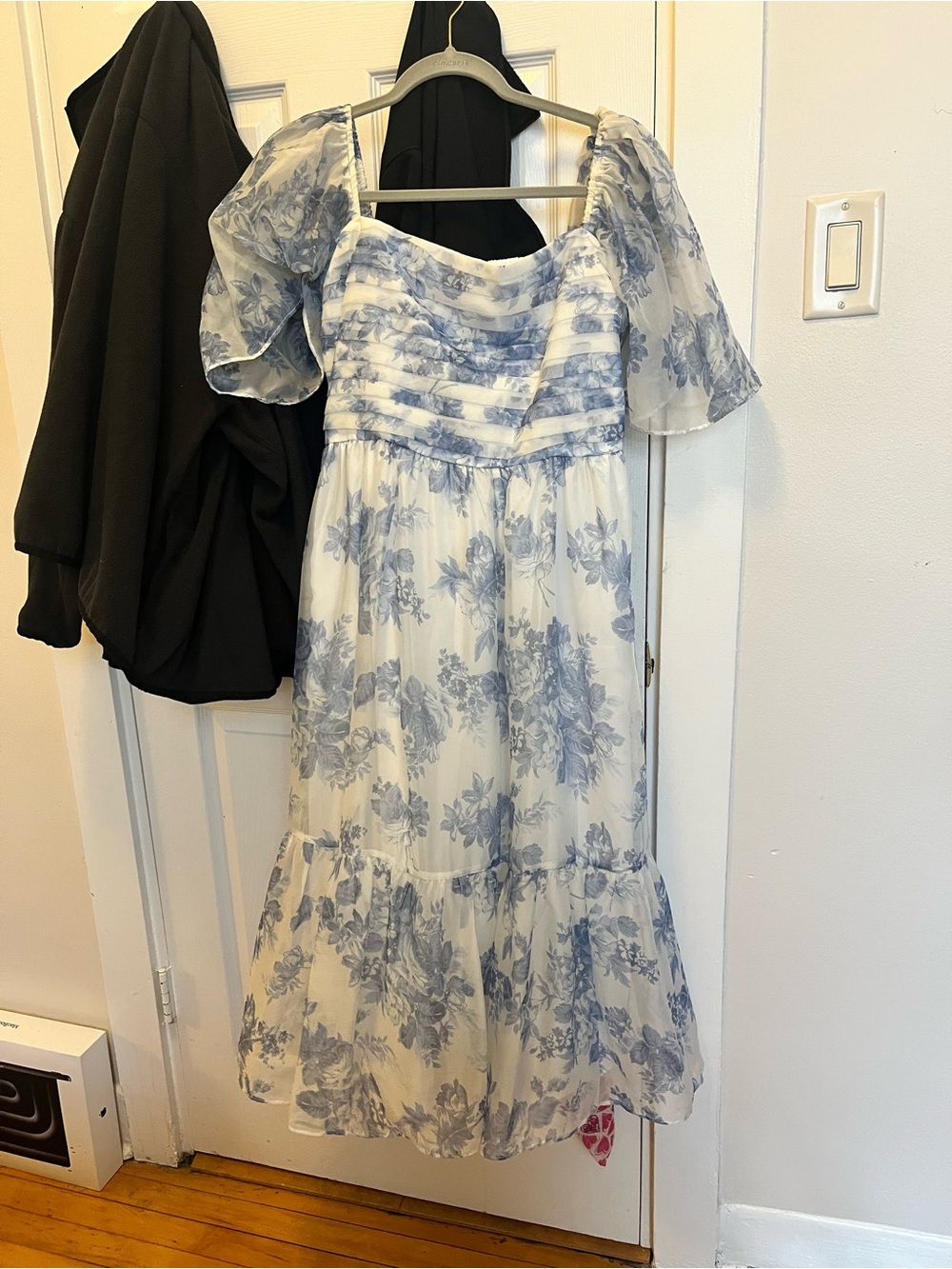 Abercrombie Blue Floral Midi Dress with Puff Sleeves